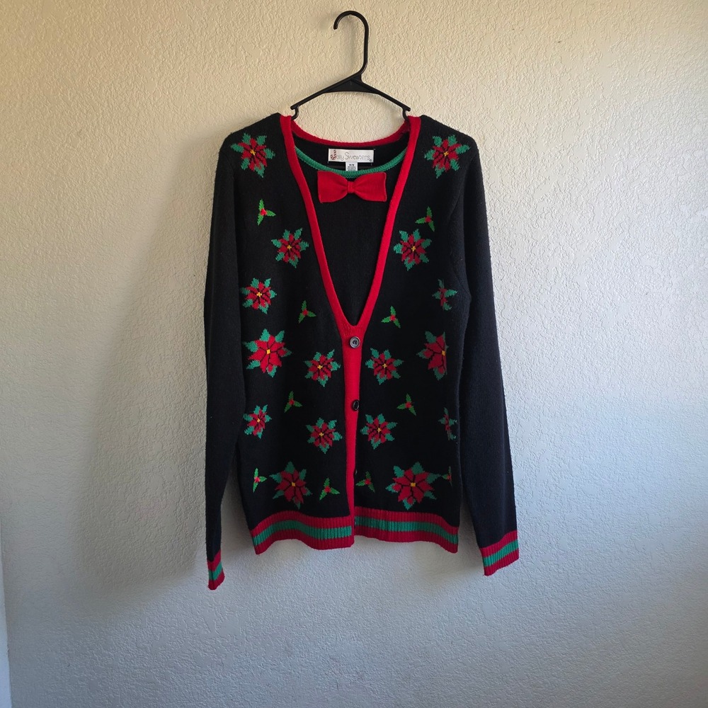 Jolly Sweaters Womens Black Poinsettia M Holiday Festive Ugly Sweater